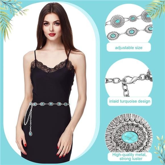 Newtay 4 Pcs Concho Chain Belt with Bohemian Dangle Metal Large Oval Earring